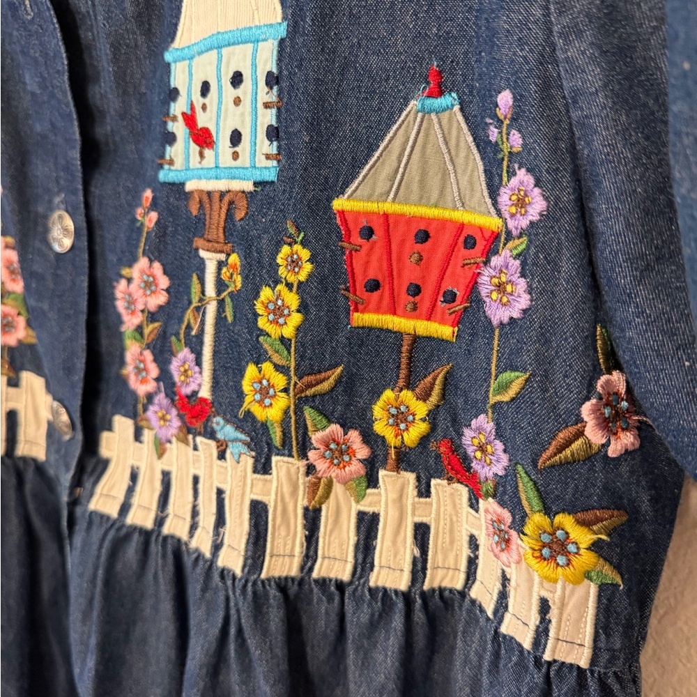 Vintage Bechamel Denim Dress Petite PL Birdhouse Embroidered Cottagecore - Picture 3 of 5